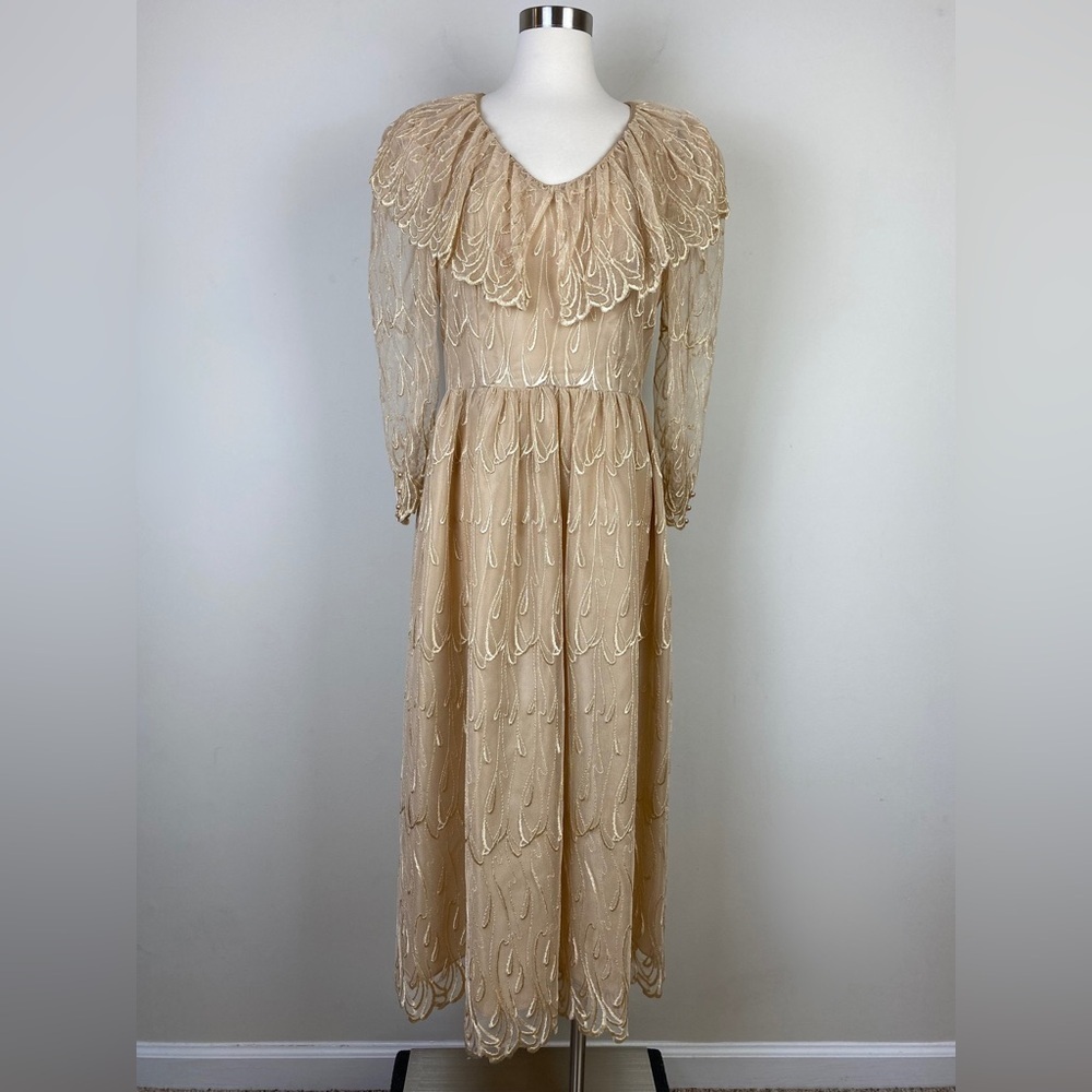 Cachet Bari Protas Vintage Dress Gold Lace Victorian Midi Bertha Collar Sz 11/12